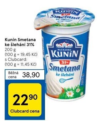 Smetana ke šlehání Kunín 31%