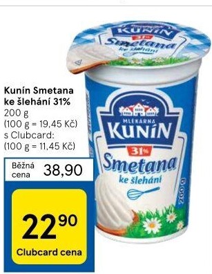 Smetana ke šlehání Kunín 31%