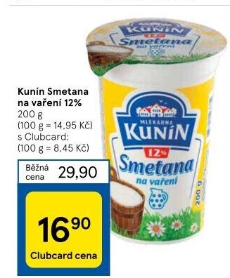 Smetana na vaření Kunín 12%