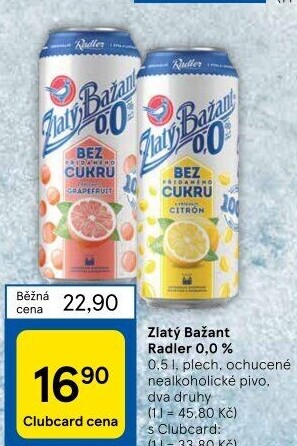Nealkoholické pivo ochucené Radler Zlatý Bažant