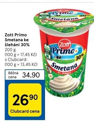 Smetana ke šlehání 30% Primo Zott