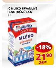 Mléko trvanlivé Jihočeské Madeta - 3,5% plnotučné