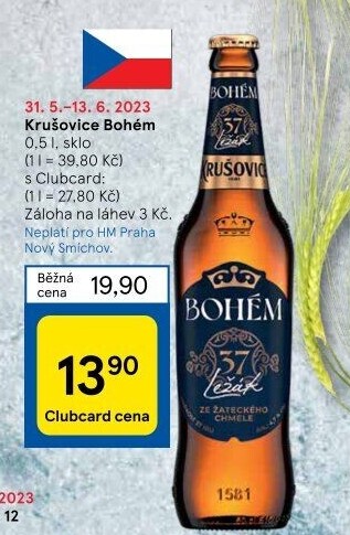 Pivo světlý ležák Bohém Krušovice