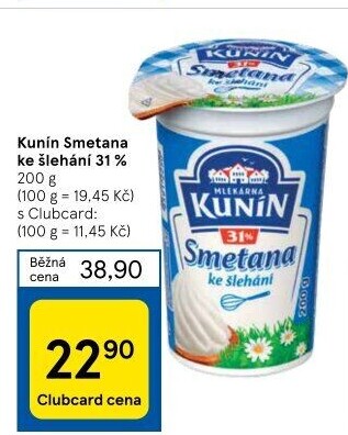 Smetana ke šlehání Kunín 31%