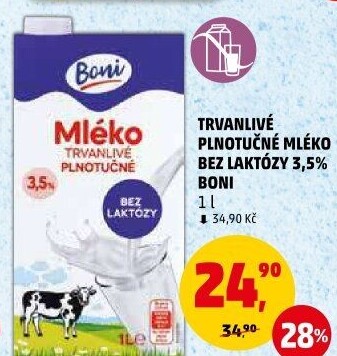 Mléko trvanlivé bez laktózy - 3,5% plnotučné Boni