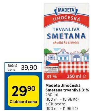 Smetana ke šlehání trvanlivá Jihočeská Madeta 31%