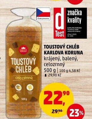 Toustový chléb celozrnný Karlova Koruna