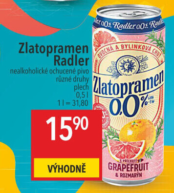 Nealkoholické pivo ochucené Radler Zlatopramen