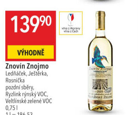 Víno Veltlínské zelené Ledňáček Znovín Znojmo - pozdní sběr