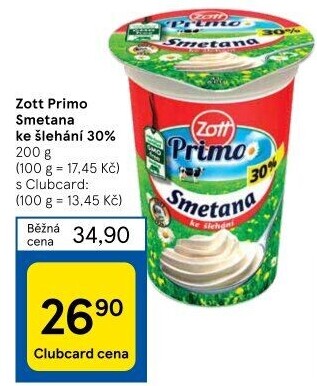 Smetana ke šlehání 30% Primo Zott
