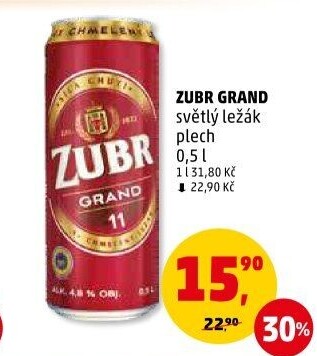 Pivo světlý ležák 11° Grand Pivovar Zubr