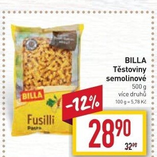 Těstoviny semolinové Billa