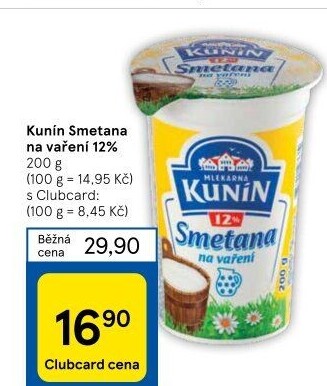 Smetana na vaření Kunín 12%