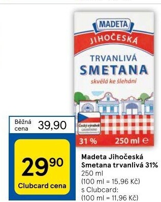 Smetana ke šlehání trvanlivá Jihočeská Madeta 31%