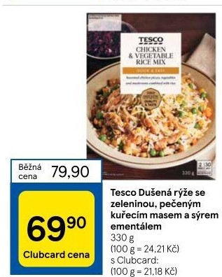Rýže dušená se zeleninou, pečeným masem a sýrem ementálem Tesco