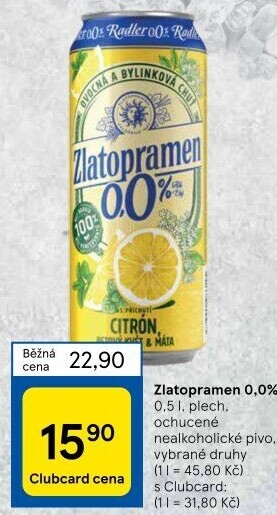 Nealkoholické pivo ochucené Radler Zlatopramen