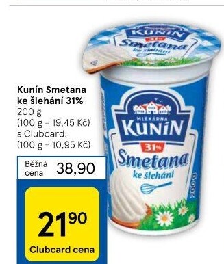 Smetana ke šlehání Kunín 31%