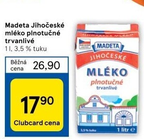Mléko trvanlivé Jihočeské Madeta - 3,5% plnotučné