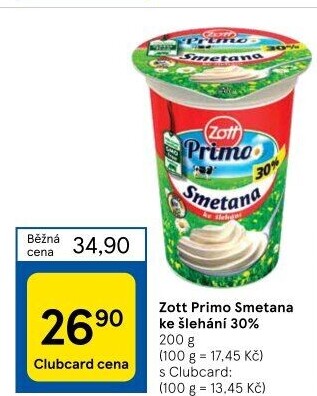 Smetana ke šlehání 30% Primo Zott