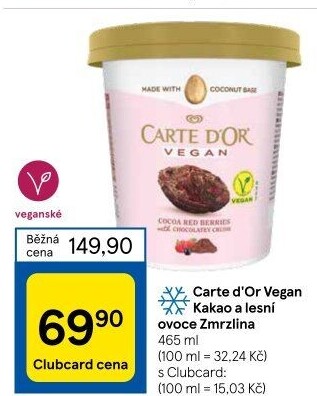 Zmrzlina v kelímku Vegan Carte D'