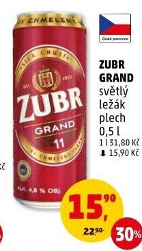 Pivo světlý ležák 11° Grand Pivovar Zubr