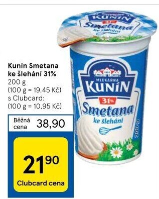 Smetana ke šlehání Mlékárna Kunín 31%