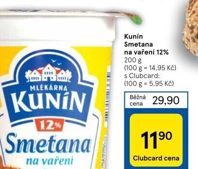 Smetana na vaření Mlékárna Kunín 12%