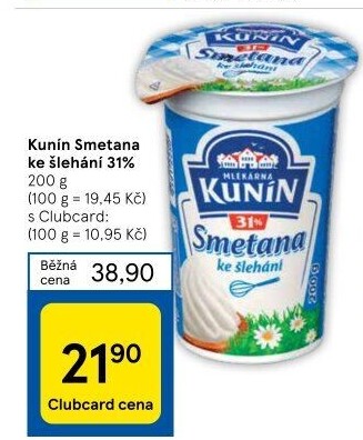 Smetana ke šlehání Mlékárna Kunín 31%