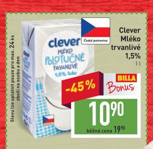 Mléko trvanlivé Clever - 1,5% polotučné