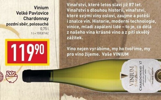Víno Chardonnay Vinium Velké Pavlovice - pozdní sběr