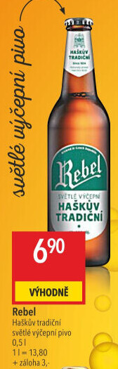 Pivo světlé výčepní 10° Haškův tradiční Rebel Pivovar Havlíčkův Brod