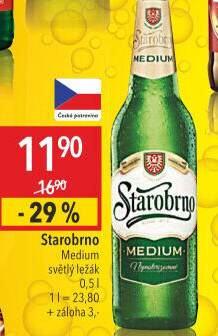 Pivo světlý ležák nepasterizovaný 11° Medium Starobrno