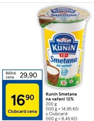 Smetana na vaření Mlékárna Kunín 12%