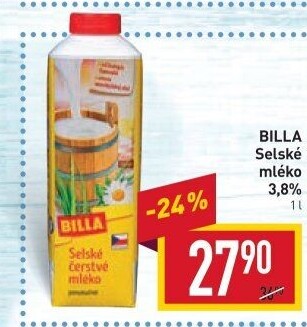 Mléko čerstvé selské Billa - 3,8% plnotučné