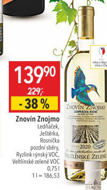 Víno Veltlínské zelené Ledňáček Znovín Znojmo - pozdní sběr