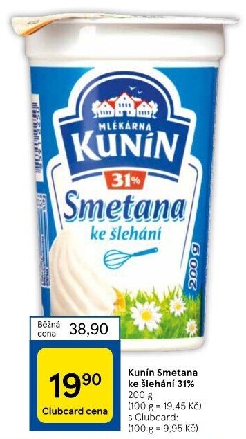 Smetana ke šlehání Mlékárna Kunín 31%