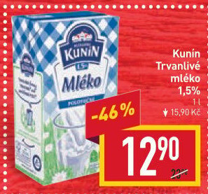 Mléko trvanlivé Mlékárna Kunín - 1,5% polotučné