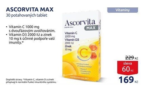 Doplněk stravy Vitamín C + D3 a zinek Ascorvita Max