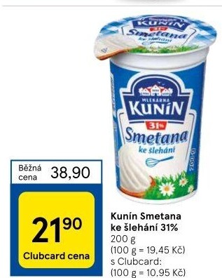 Smetana ke šlehání Mlékárna Kunín 31%