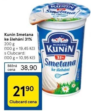 Smetana ke šlehání Mlékárna Kunín 31%