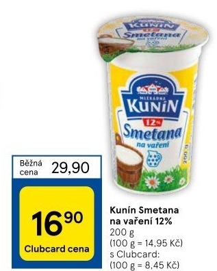 Smetana na vaření Mlékárna Kunín 12%