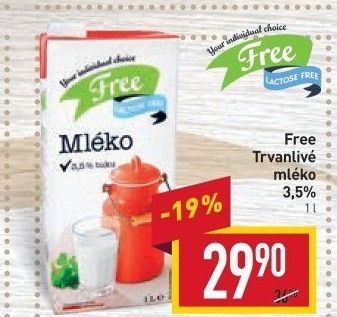 Mléko trvanlivé bez laktózy Laktose Free -3,5% plnotučné