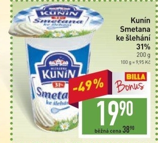 Smetana ke šlehání Mlékárna Kunín 31%