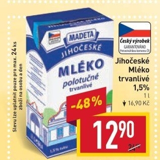 Mléko trvanlivé Jihočeské Madeta - 1,5% polotučné