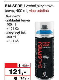 Vrchní akrylová barva ve spreji Balsprej Barvy a laky Hostivař