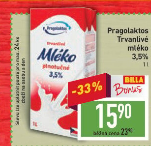 Mléko trvanlivé Pragolaktos - 3,5% plnotučné