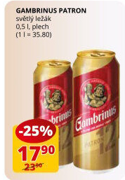 Pivo světlý ležák 12° Patron Gambrinus