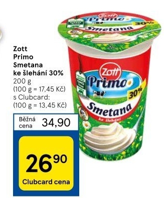Smetana ke šlehání 30% Primo Zott