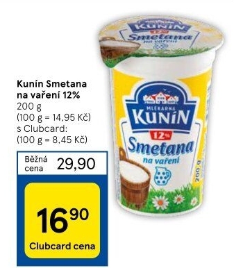 Smetana na vaření Mlékárna Kunín 12%