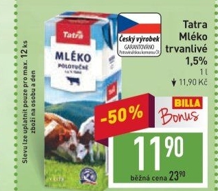 Mléko trvanlivé Tatra - 1,5% polotučné